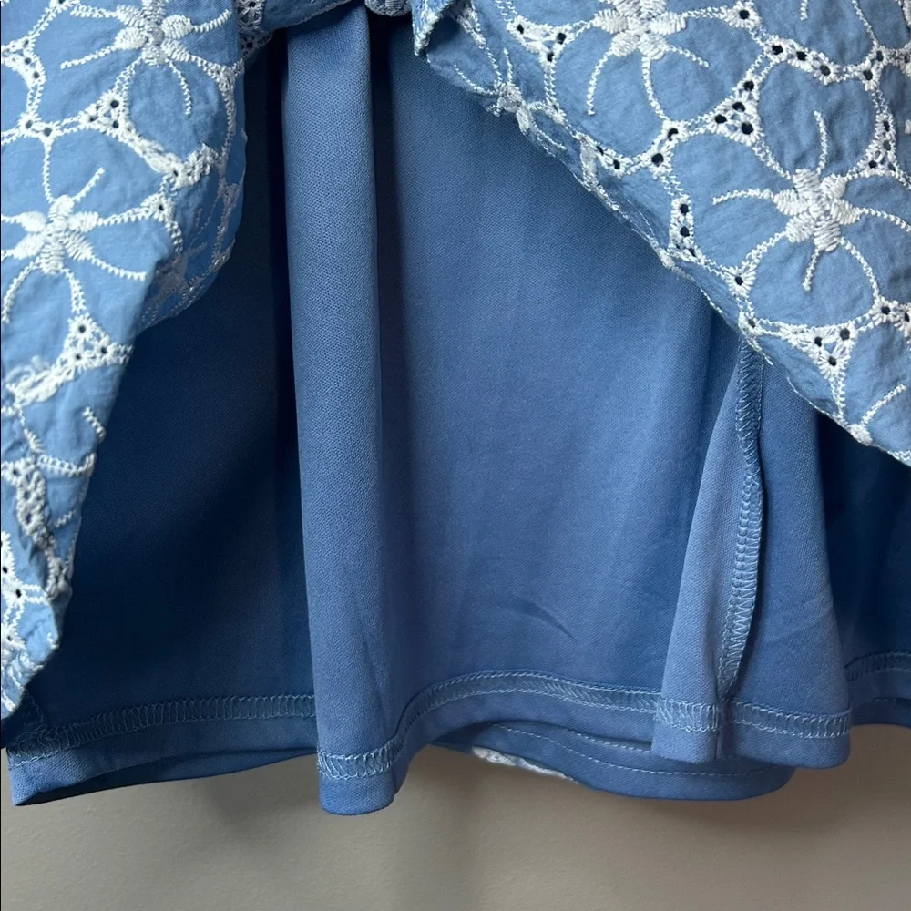 Lulus Fit to Frolic Blue Floral Eyelet Puff Sleeve‎ Babydoll Mini Dress Sz Small - Picture 9 of 12